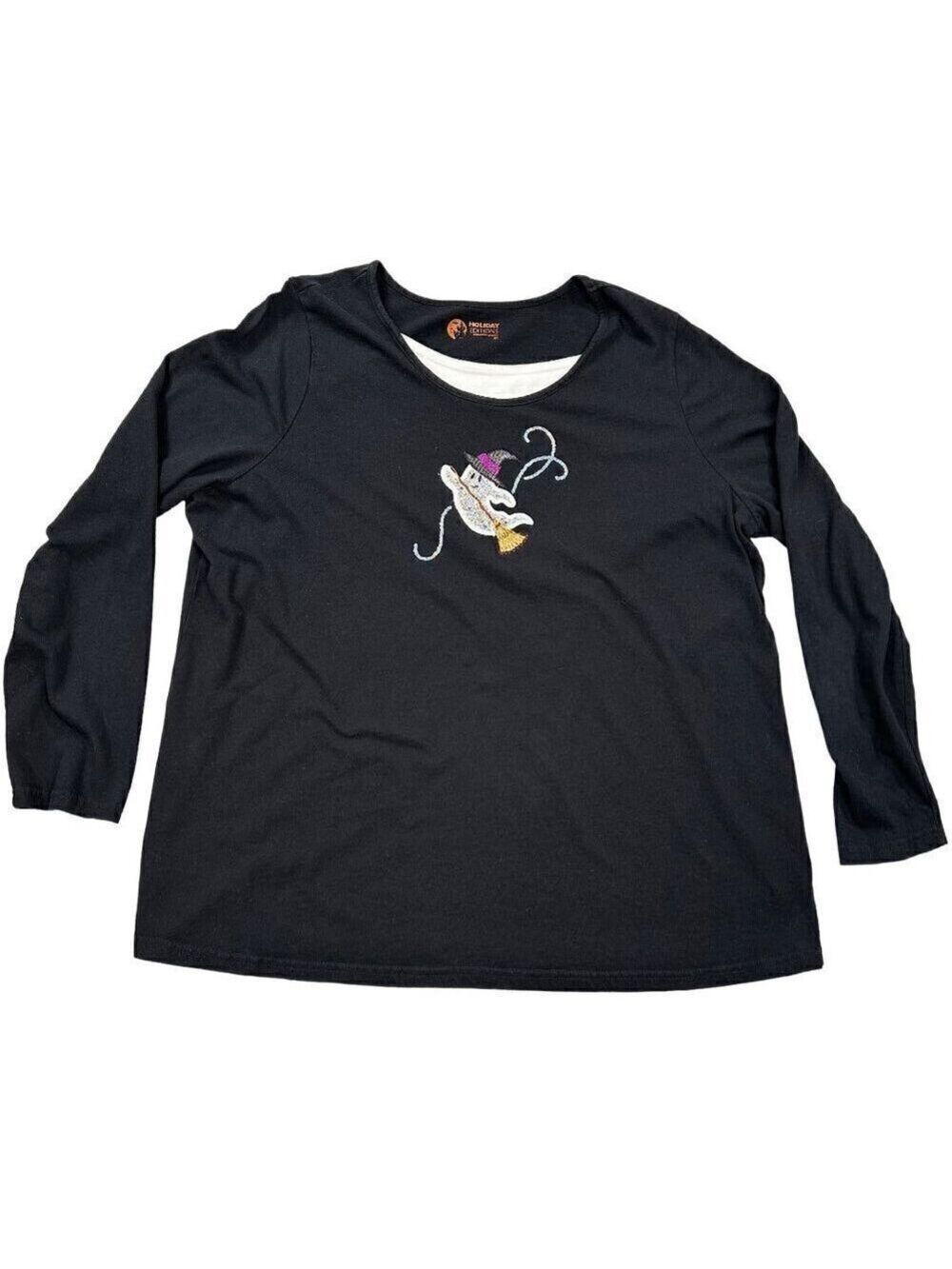 Halloween Black Long Sleeve Witch Ghost Cotton Tee T-shirt Size 2X
